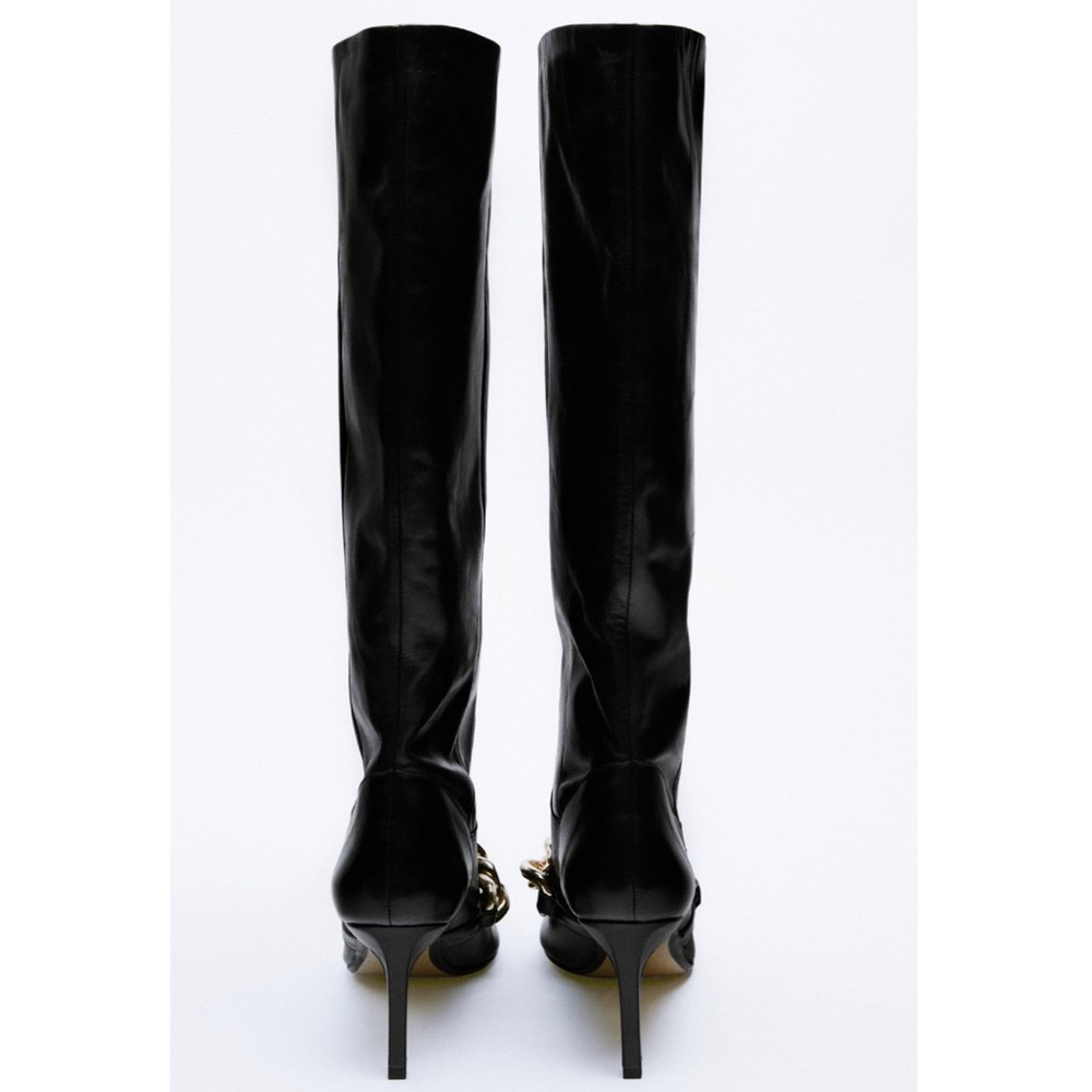 ZARA HEELED LEATHER KNEE HIGH BOOTS WITH CHAIN DETAIL - Picture 8 of 11
